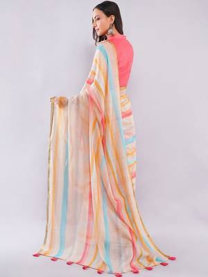 Off white pure linen striped saree with blouse 4