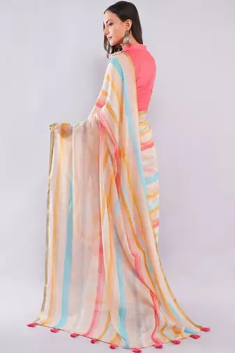 Off white pure linen striped saree with blouse