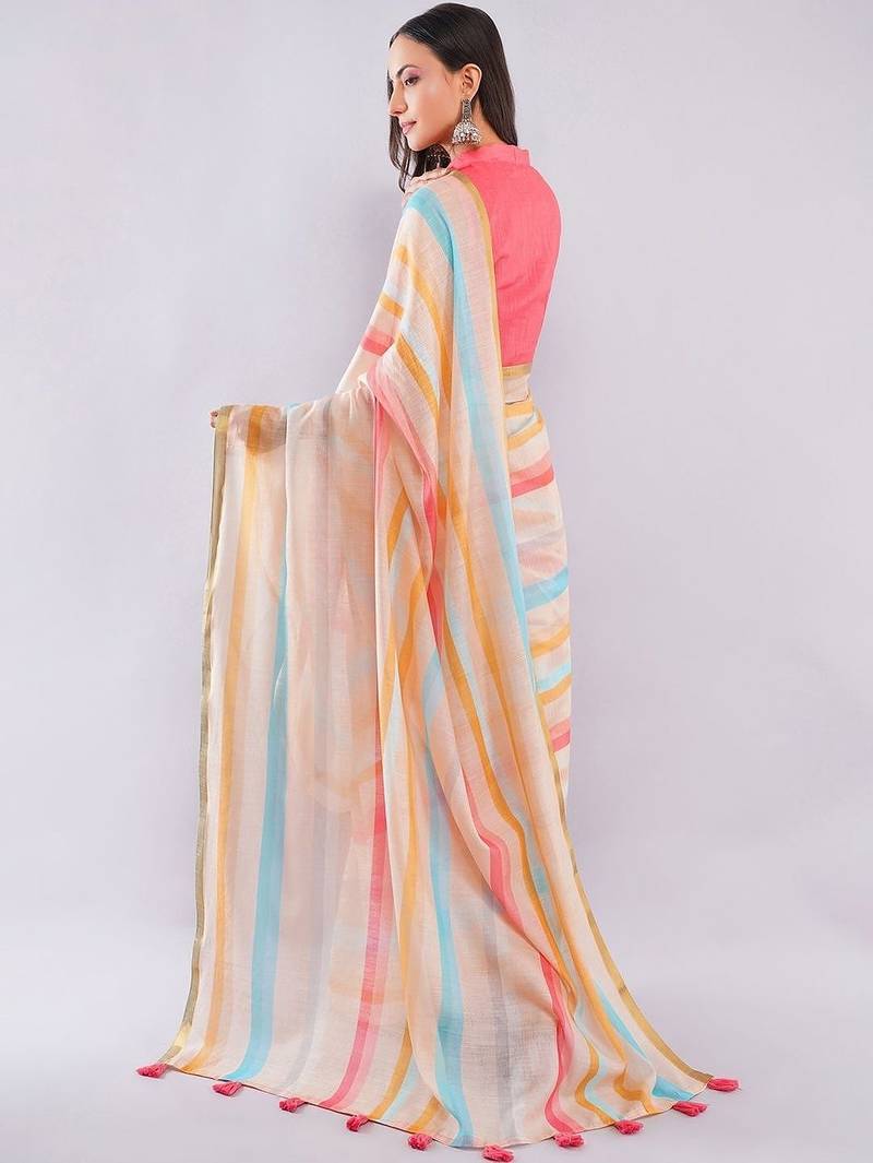 Off white pure linen striped saree with blouse