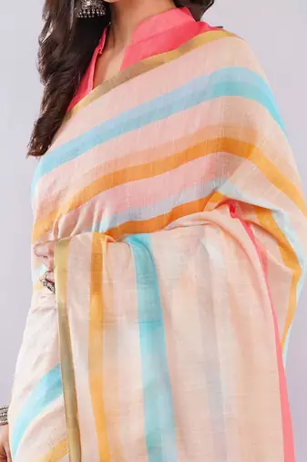 Off white pure linen striped saree with blouse