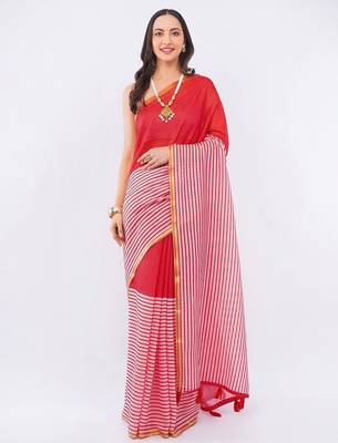 Red pure linen striped saree with blouse 1