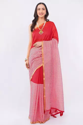 Red pure linen striped saree with blouse
