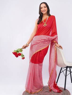 Red pure linen striped saree with blouse 2