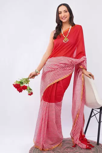 Red pure linen striped saree with blouse