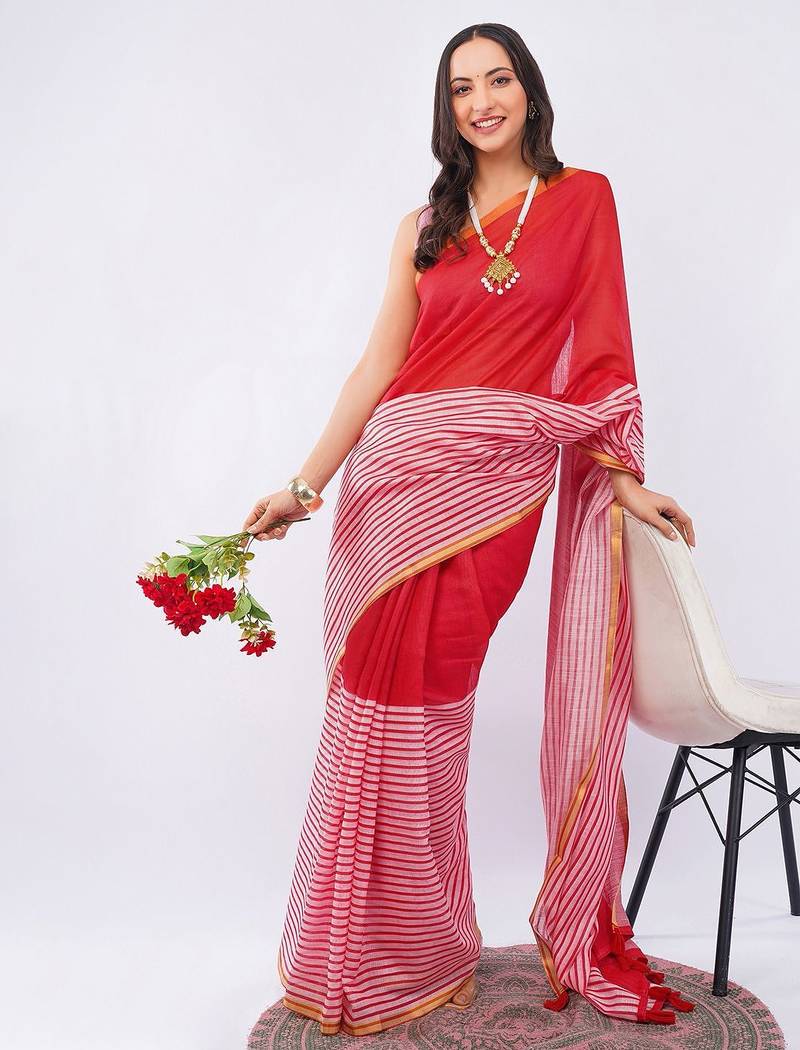 Red pure linen striped saree with blouse