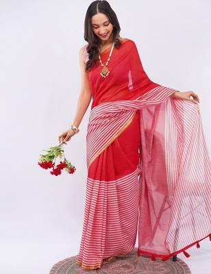 Red pure linen striped saree with blouse 3