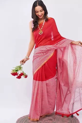 Red pure linen striped saree with blouse