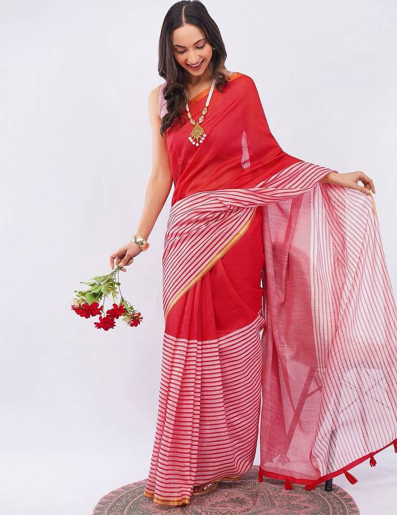 Red pure linen striped saree with blouse