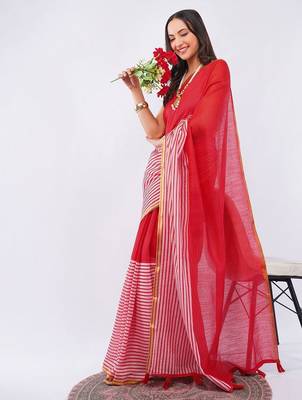 Red pure linen striped saree with blouse 4