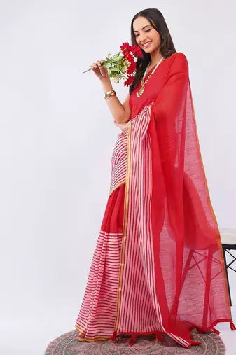 Red pure linen striped saree with blouse
