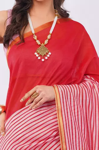 Red pure linen striped saree with blouse