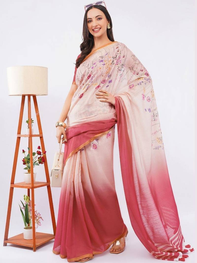 Multicolor pure linen printed saree with blouse