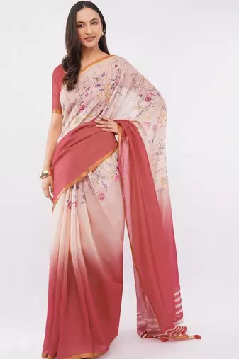 Multicolor pure linen printed saree with blouse