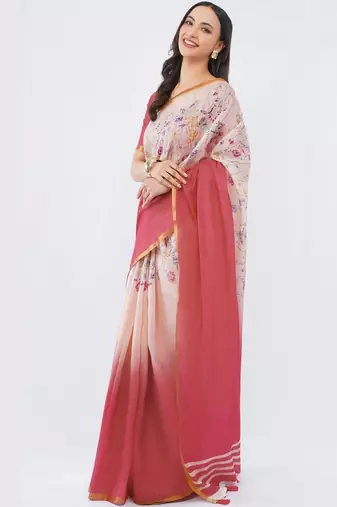 Multicolor pure linen printed saree with blouse
