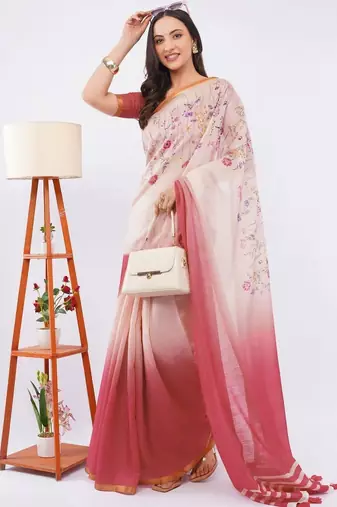 Multicolor pure linen printed saree with blouse