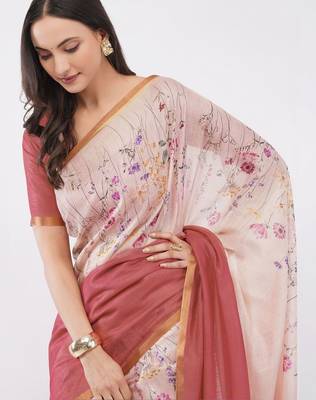 Multicolor pure linen printed saree with blouse 5