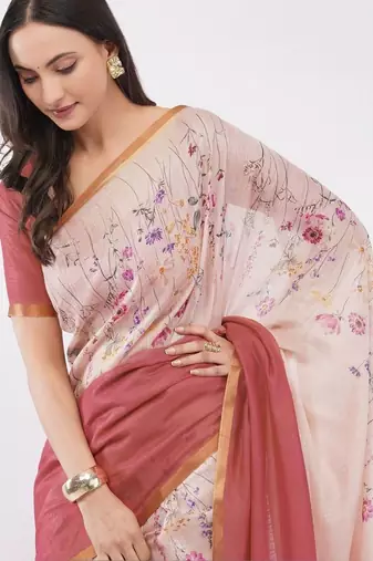 Multicolor pure linen printed saree with blouse