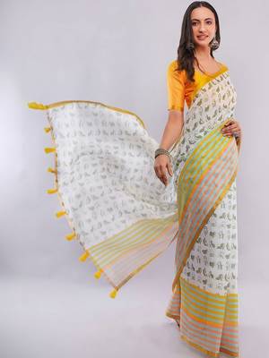 White pure linen printed saree with blouse 1