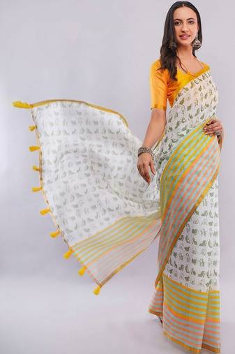 White pure linen printed saree with blouse