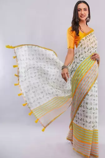 White pure linen printed saree with blouse