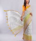 White pure linen printed saree with blouse