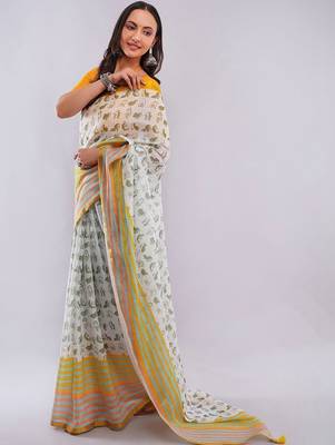 White pure linen printed saree with blouse 2