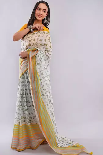 White pure linen printed saree with blouse
