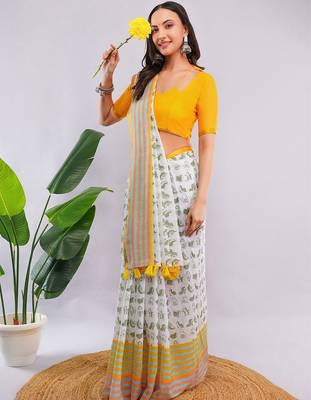 White pure linen printed saree with blouse 3