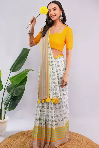 White pure linen printed saree with blouse