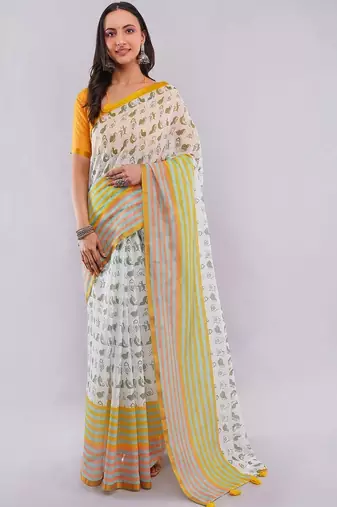 White pure linen printed saree with blouse