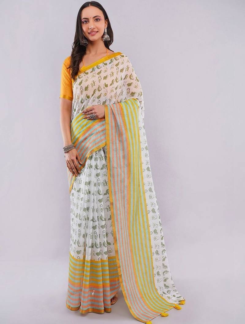 White pure linen printed saree with blouse