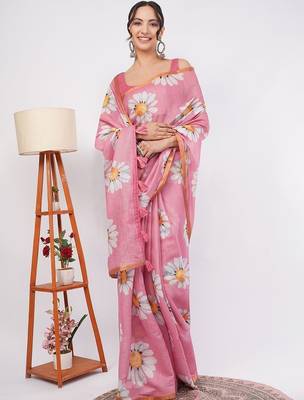 Pink pure linen printed saree with blouse 1