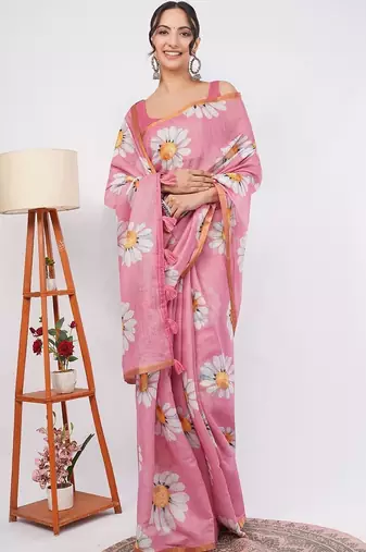 Pink pure linen printed saree with blouse