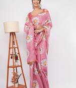 Pink pure linen printed saree with blouse