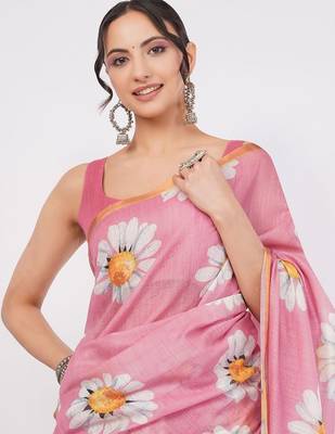 Pink pure linen printed saree with blouse 2