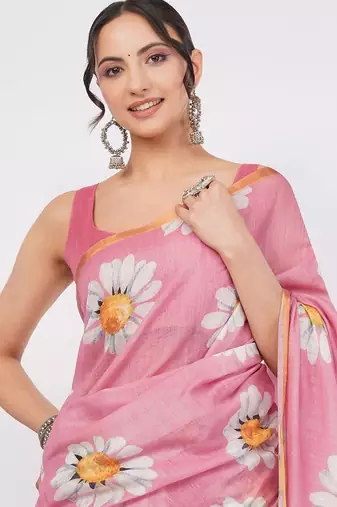 Pink pure linen printed saree with blouse