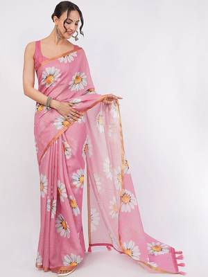 Pink pure linen printed saree with blouse 3
