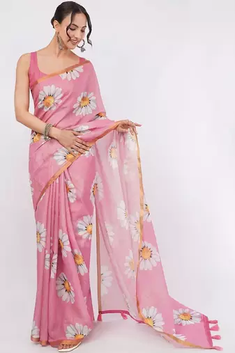 Pink pure linen printed saree with blouse