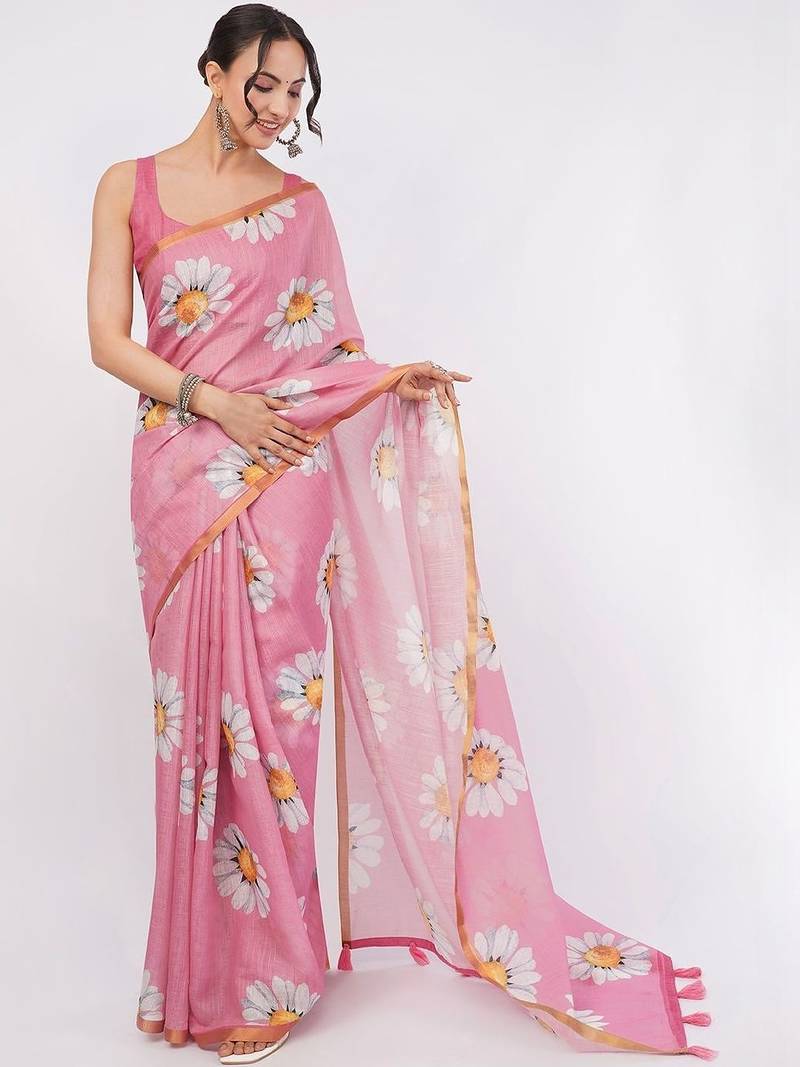 Pink pure linen printed saree with blouse