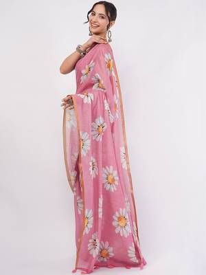 Pink pure linen printed saree with blouse 5