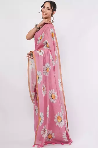 Pink pure linen printed saree with blouse