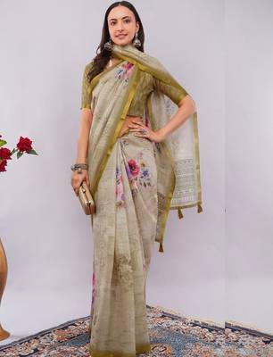Beige pure linen printed saree with blouse 1