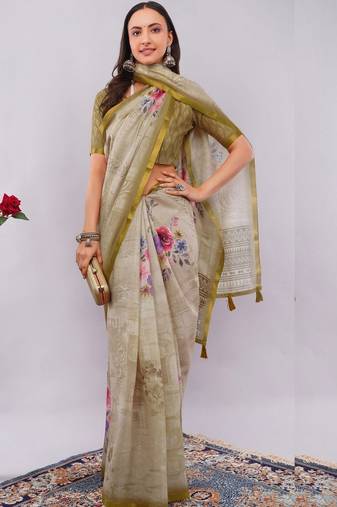 Beige pure linen printed saree with blouse