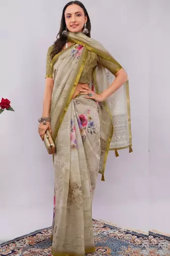 Beige pure linen printed saree with blouse
