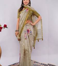 Beige pure linen printed saree with blouse