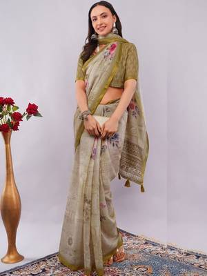 Beige pure linen printed saree with blouse 2
