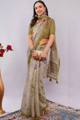 Beige pure linen printed saree with blouse