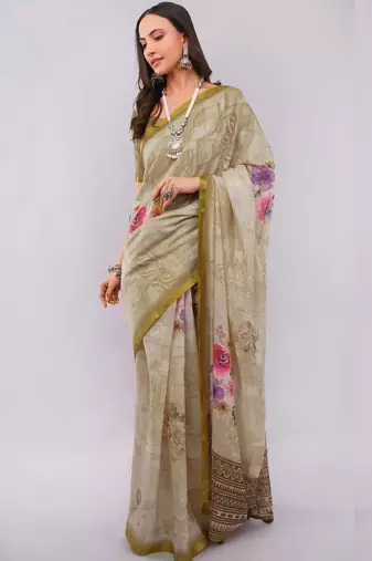 Beige pure linen printed saree with blouse