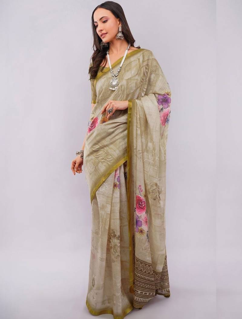 Beige pure linen printed saree with blouse