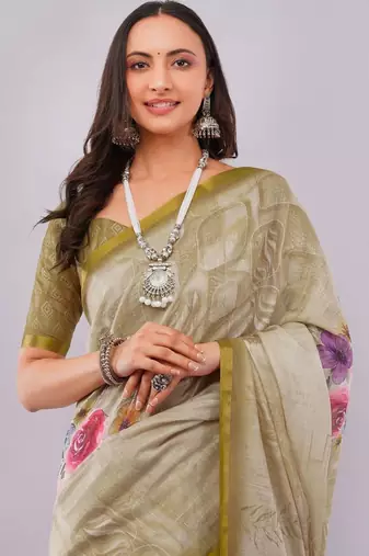 Beige pure linen printed saree with blouse